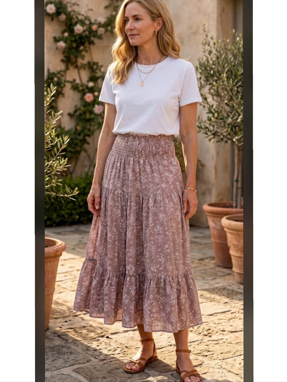True Craft Mauve Floral Tiered Smocked Midi Skirt